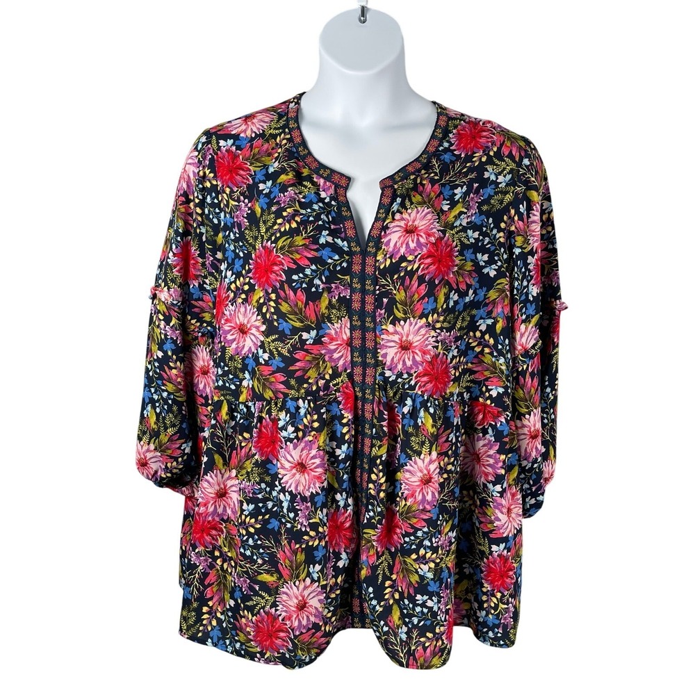 The Pioneer Woman Black Floral Peasant Blouse with Pink & Red Blooms